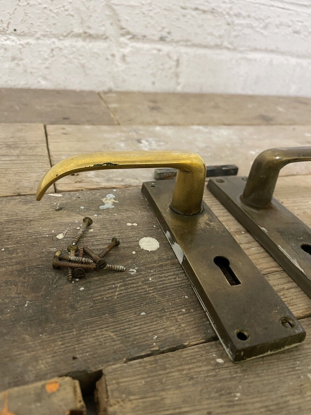 Pair Of Reclaimed Antique Old Brass Door Handles