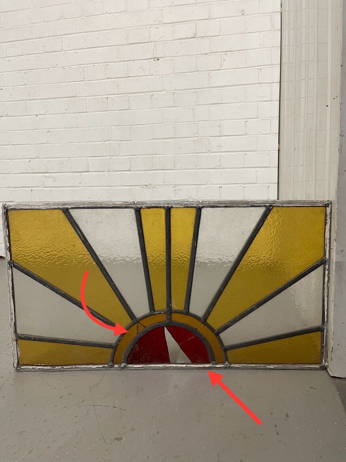 Reclaimed Sunburst Leaded Light Stained Glass Window Panel 630mm x 335mm