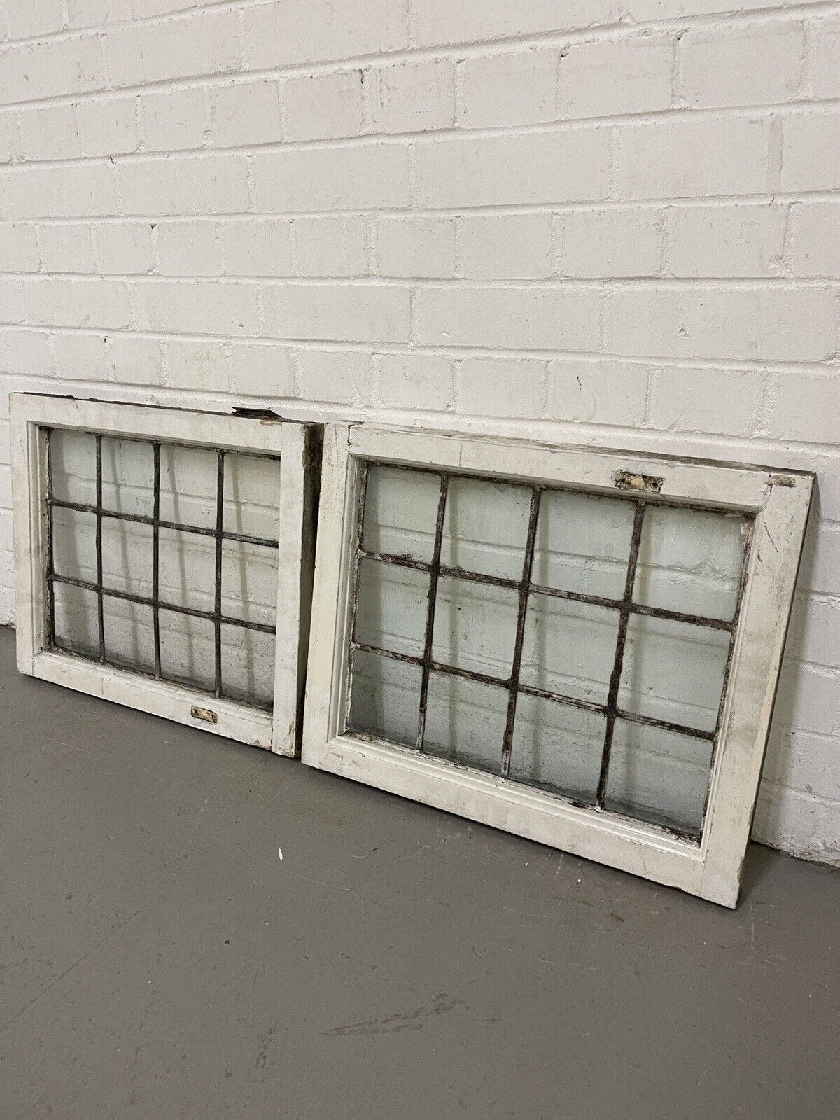 Pair Of Reclaimed Leaded Light Panel Wooden Windows 450 x 555mm 450 x 555mm