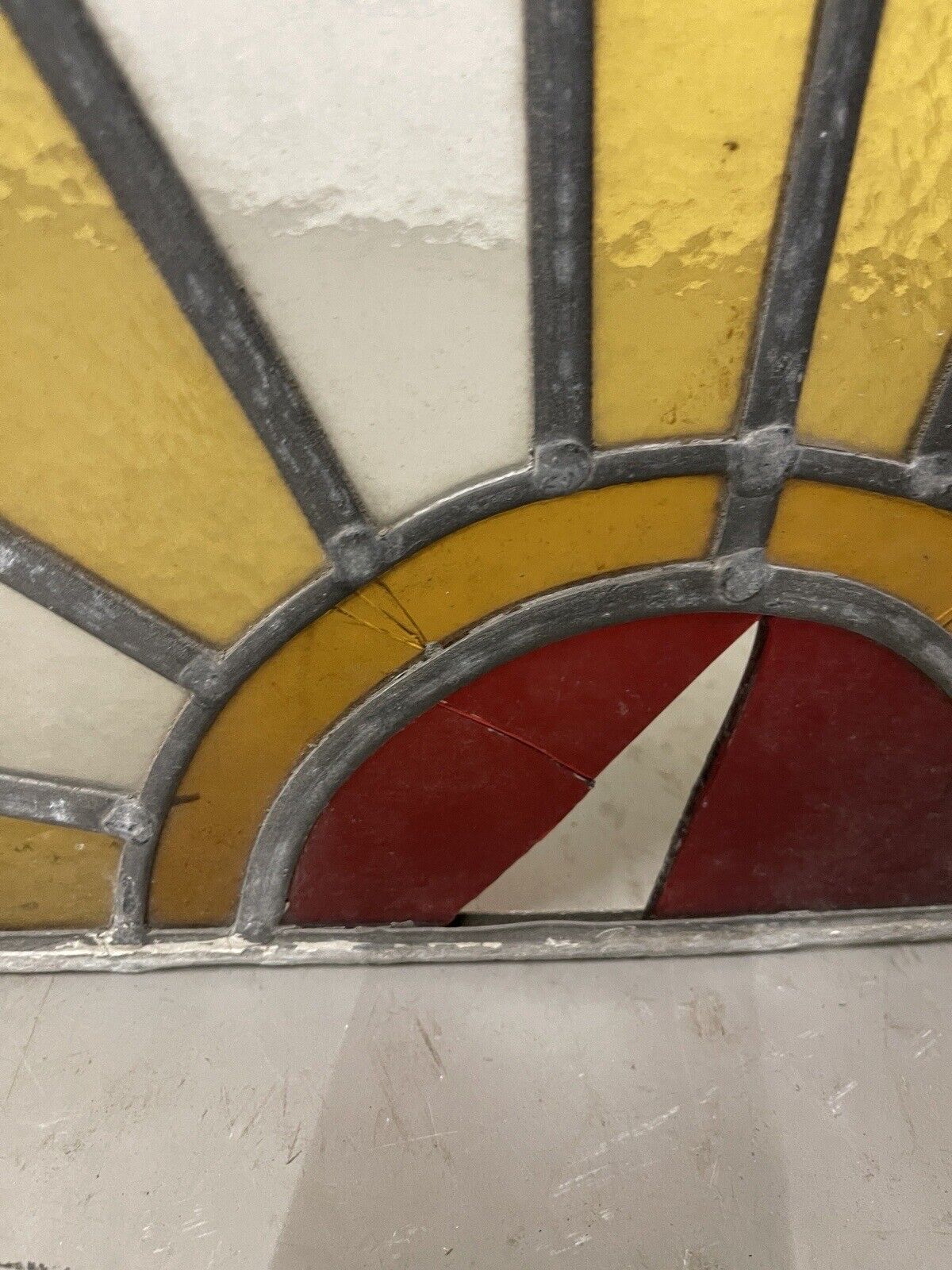 Reclaimed Sunburst Leaded Light Stained Glass Window Panel 630mm x 335mm