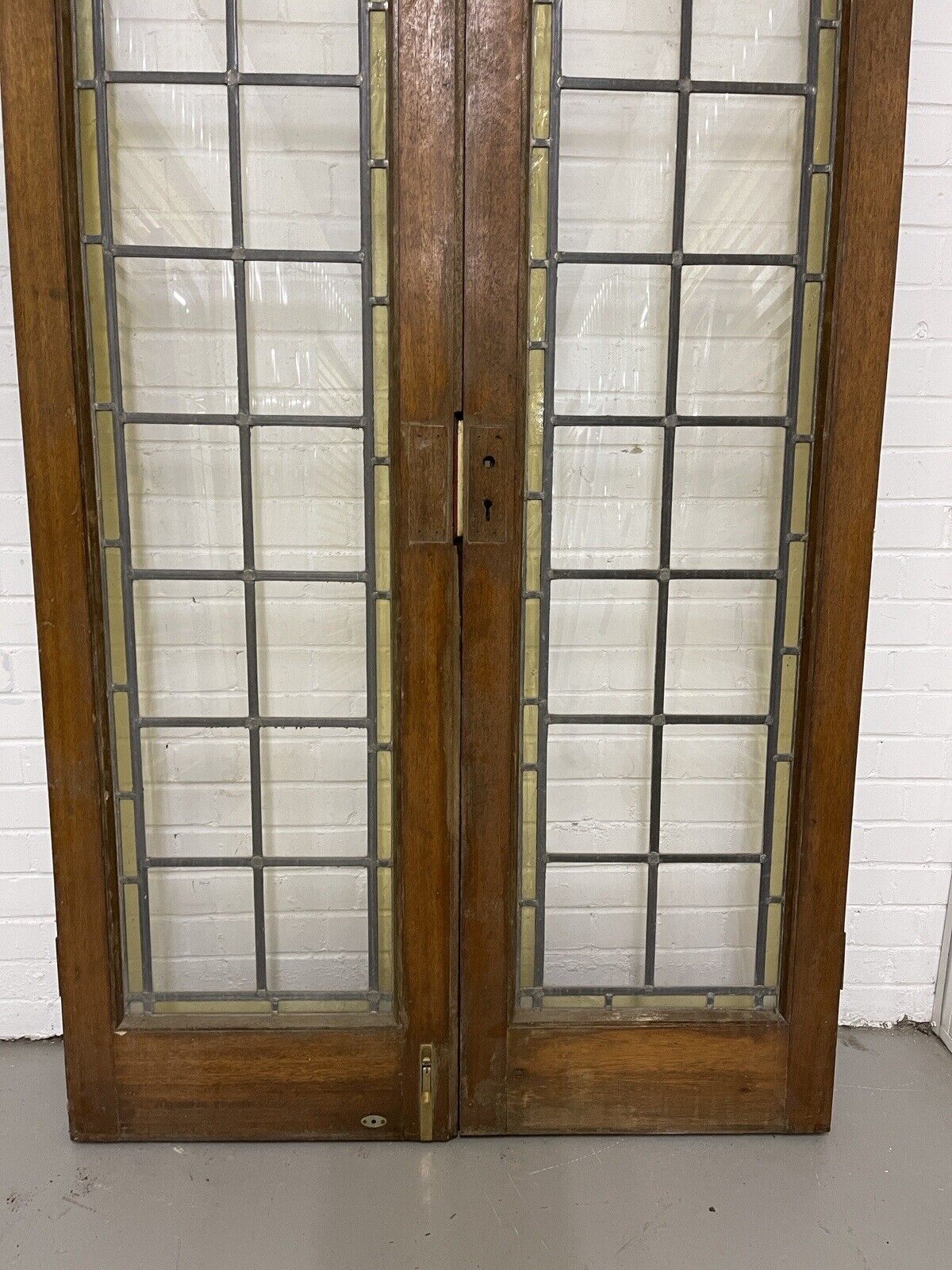Reclaimed French Leaded Single Panel Glass Wooden Double Doors With Side Panels