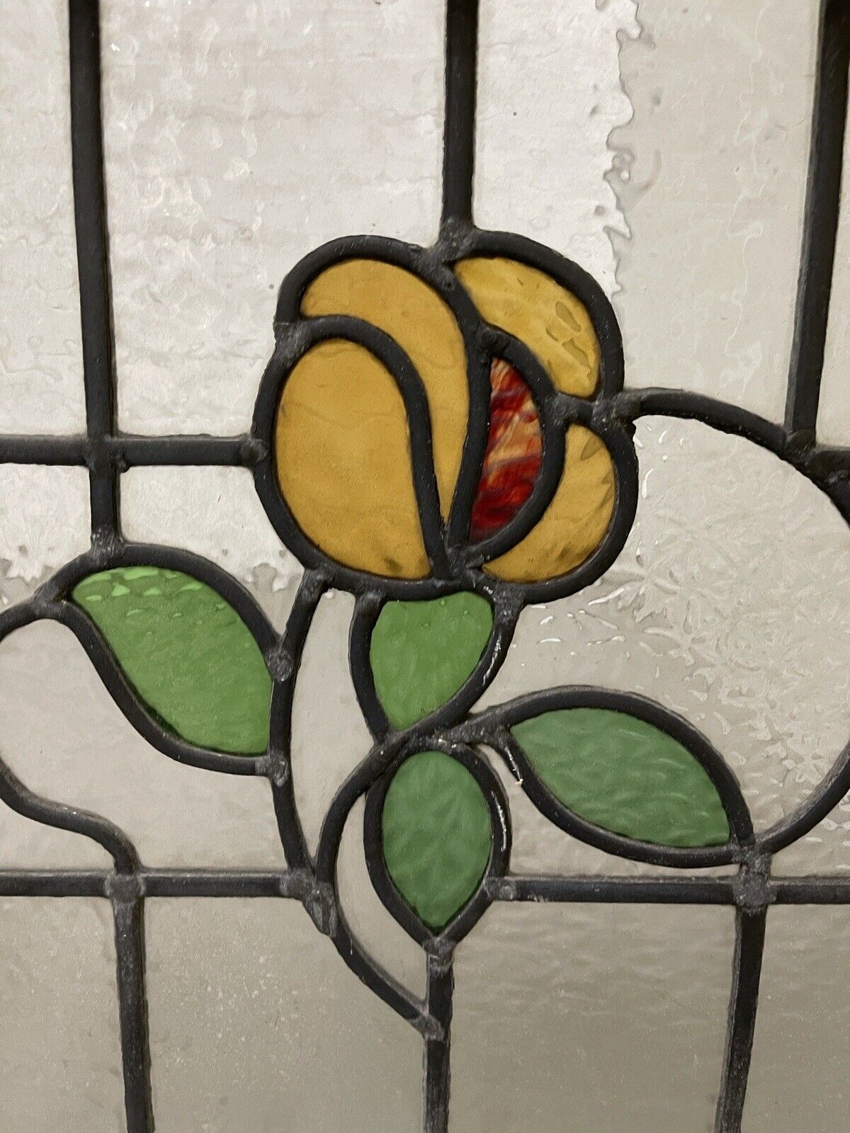 Reclaimed Floral Leaded Light Stained Glass Art Nouveau Window Panel 625 x 458mm