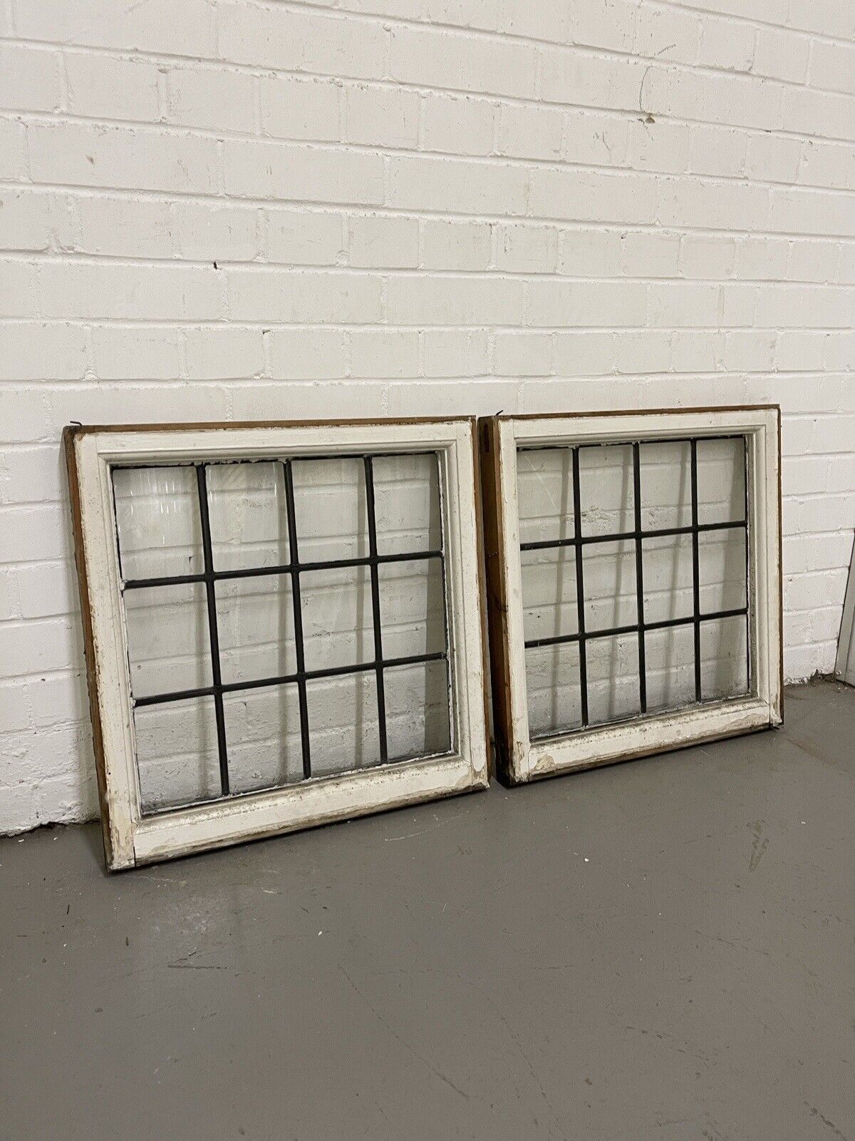 Pair Of Reclaimed Leaded Light Panel Wooden Windows 565 x 575 565 x 575mm