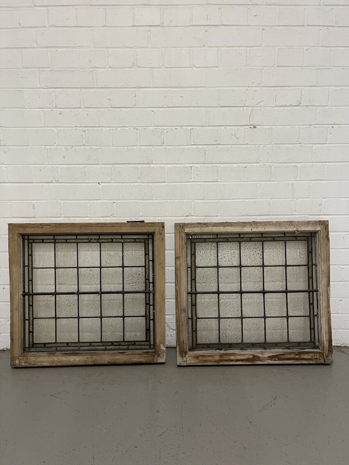 Pair Of Reclaimed Leaded Light Stained Glass Wooden Window Panels
