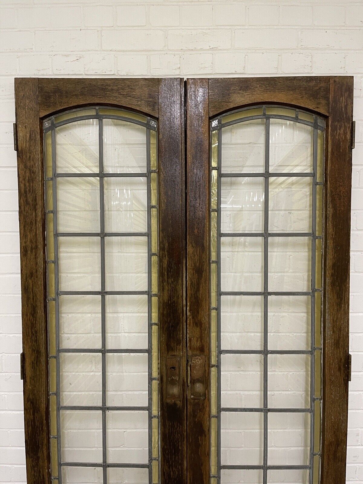 Reclaimed French Leaded Single Panel Glass Wooden Double Doors With Side Panels