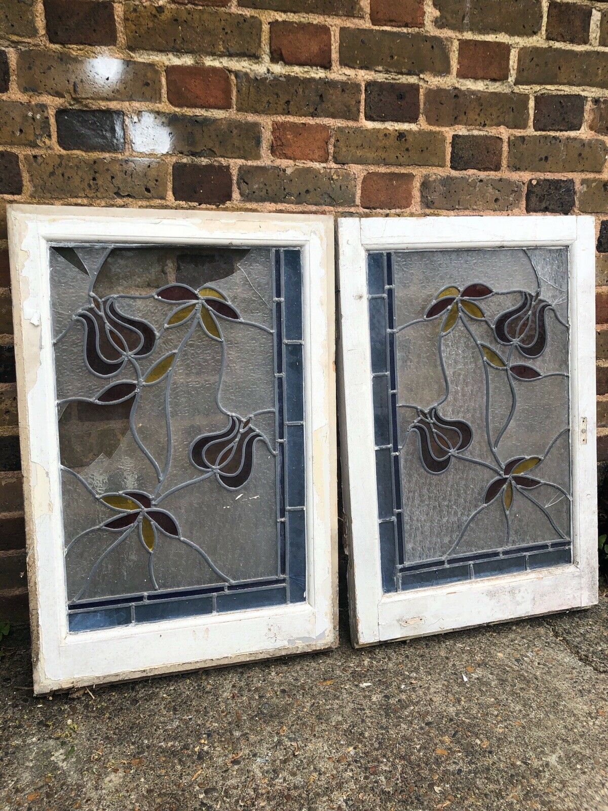 Pair Of Reclaimed Leaded Light Stained Glass Wooden Window Panels RESTORATION