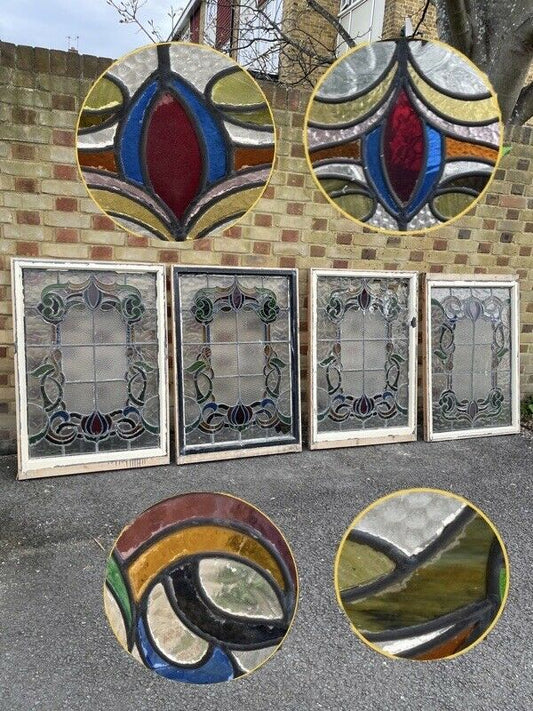 Job Lot Of Four Reclaimed Leaded Light Stained Glass Art Nouveau Window Panels