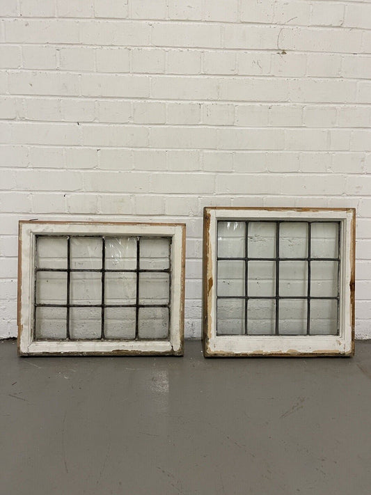 Pair Of Reclaimed Leaded Light Panel Wooden Windows 560 x 455 520 x 510mm