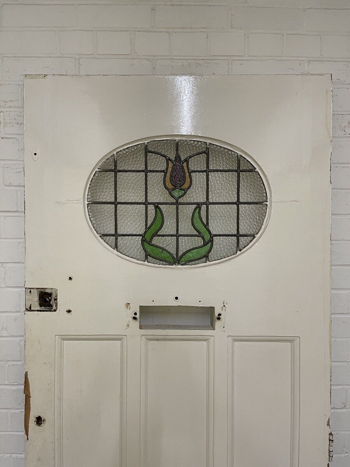 Reclaimed Victorian Edwardian Wooden Panel Stained Glass Front Door 2076 x 860mm