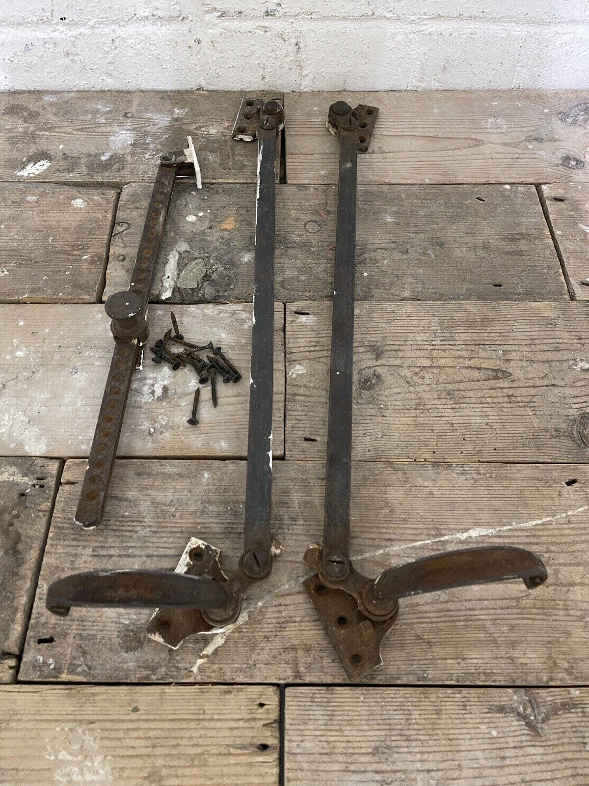 Large Pair Of Reclaimed Antique Old Cast Iron Window Handles and a Stay