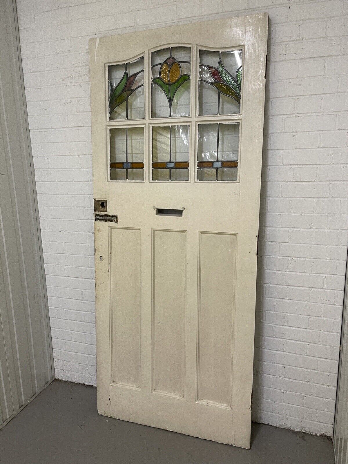 Reclaimed Old Edwardian Wooden Panel Front Door Stained Glass 2123mm x 910mm