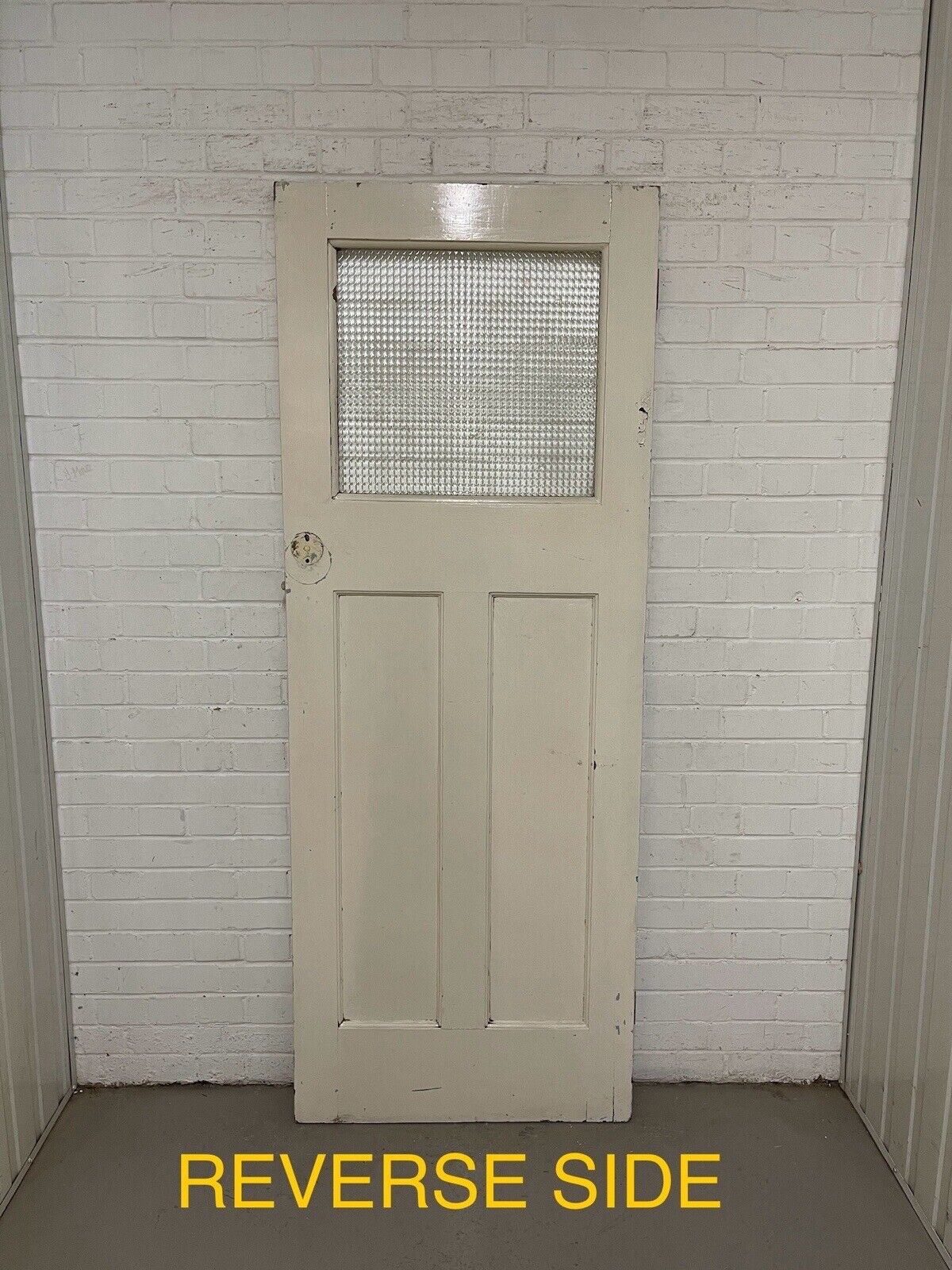Reclaimed 1930s Pine Internal 3 panel Door Cross Reeded Glass 1980 x 755mm