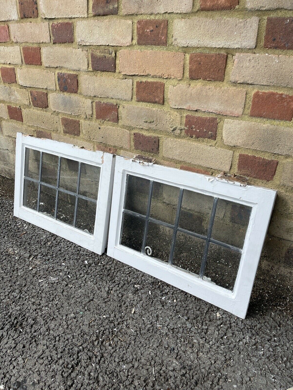 Pair Of Reclaimed Leaded Light Panel Wooden Windows