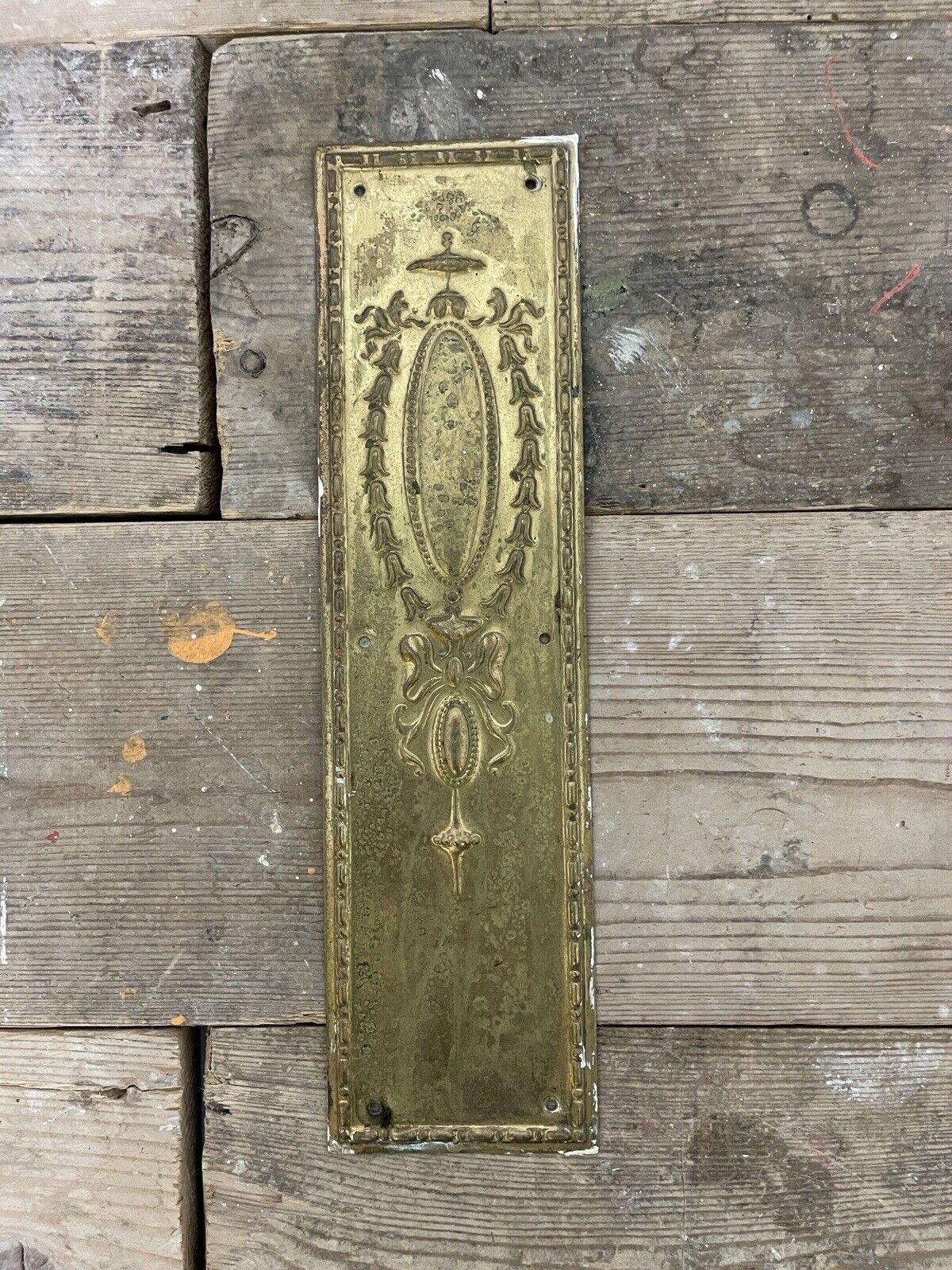 Reclaimed Brass Art Nouveau Embossed Finger Plate Push Door Handle No. RD533873