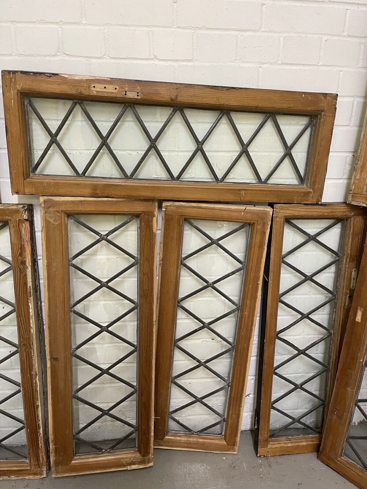 Job Lot Of 11 Reclaimed Leaded Light Diamond Panel Wooden Windows