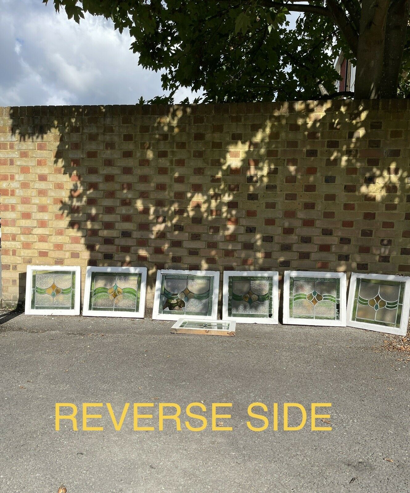 Seven Reclaimed Leaded Light Stained Glass Art Nouveau Wooden Window Panels