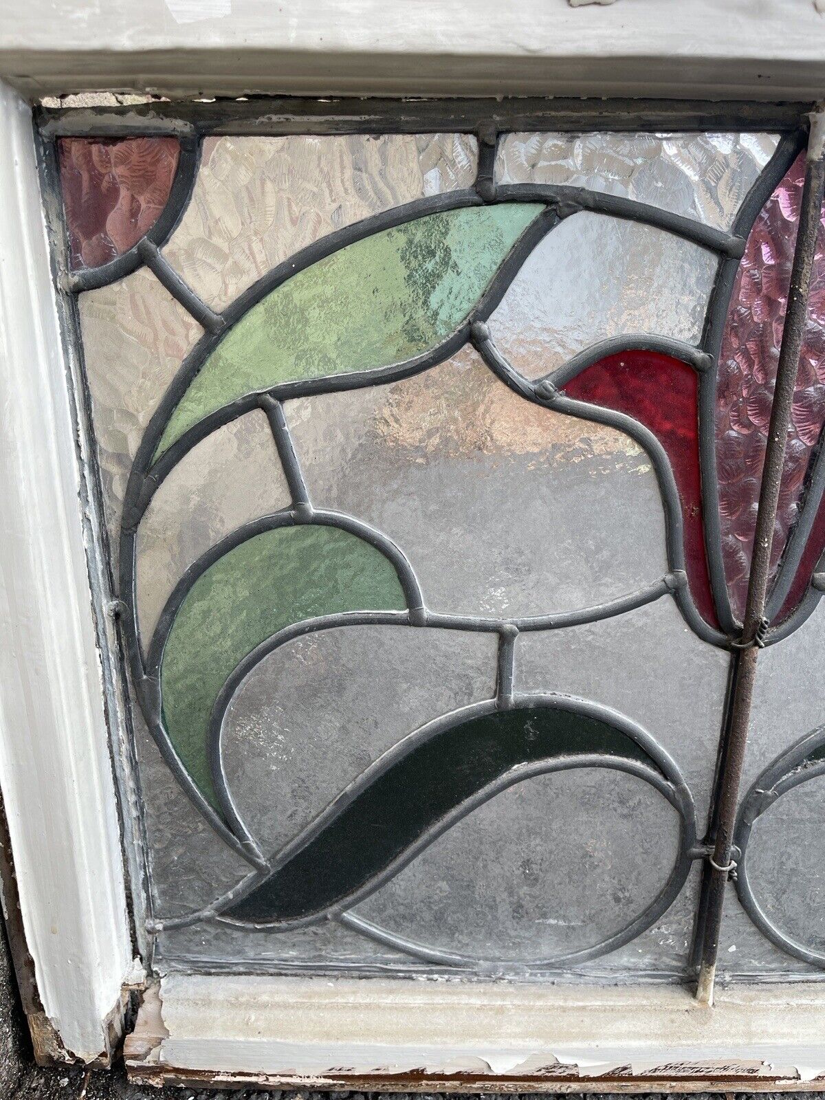 Reclaimed Leaded Light Stained Glass Art Nouveau Wooden Window Panel