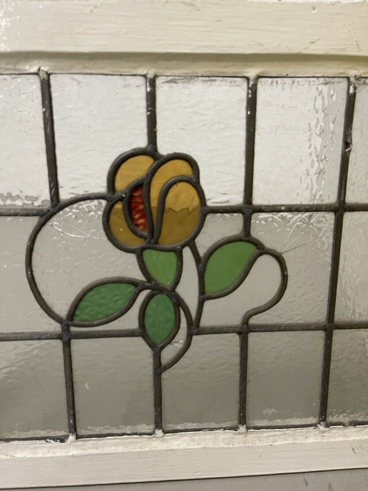 Reclaimed Floral Leaded Light Stained Glass Art Nouveau Window Panel 625 x 450mm