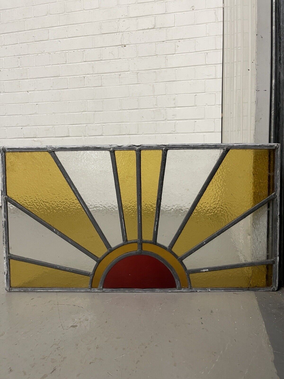 Reclaimed Sunburst Leaded Light Stained Glass Window Panel 630mm x 335mm