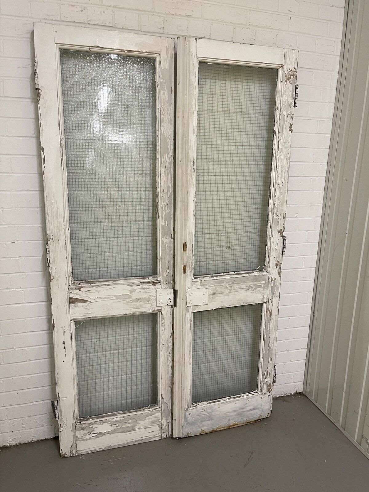 Reclaimed Industrial French Safety Glass Wooden Double Doors 1970 x 1165