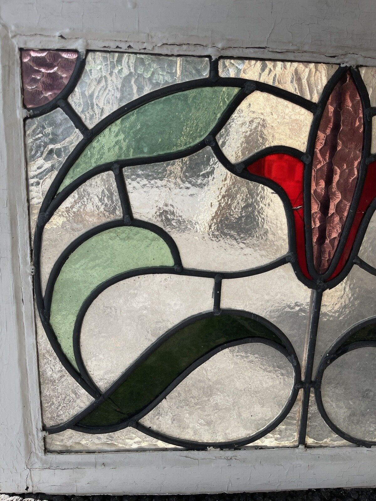Reclaimed Leaded Light Stained Glass Art Nouveau Wooden Window Panel