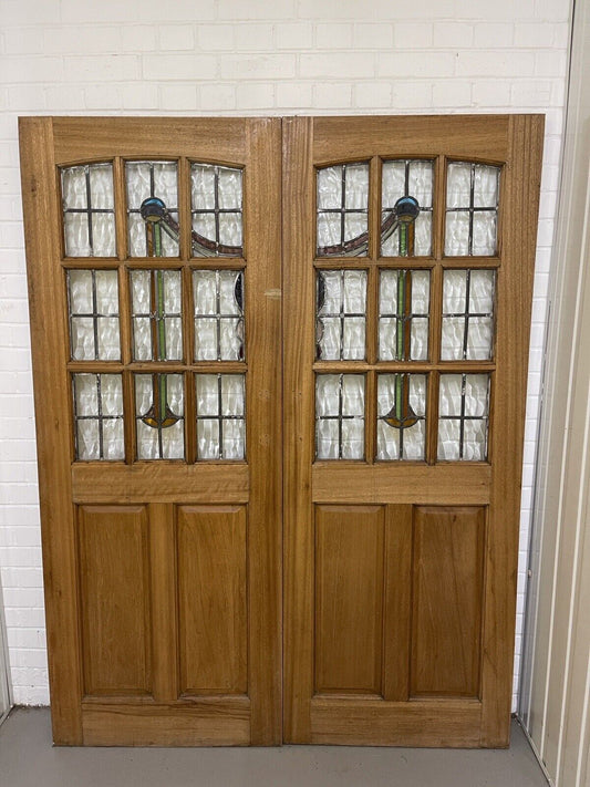 Reclaimed Old French Leaded Light Stained Glass Wooden Double Doors 1980 x 1507