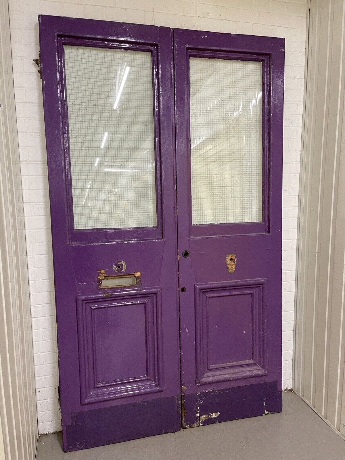 Reclaimed Old Large French Safety Glass Wooden Double Doors 2430 x 1430mm