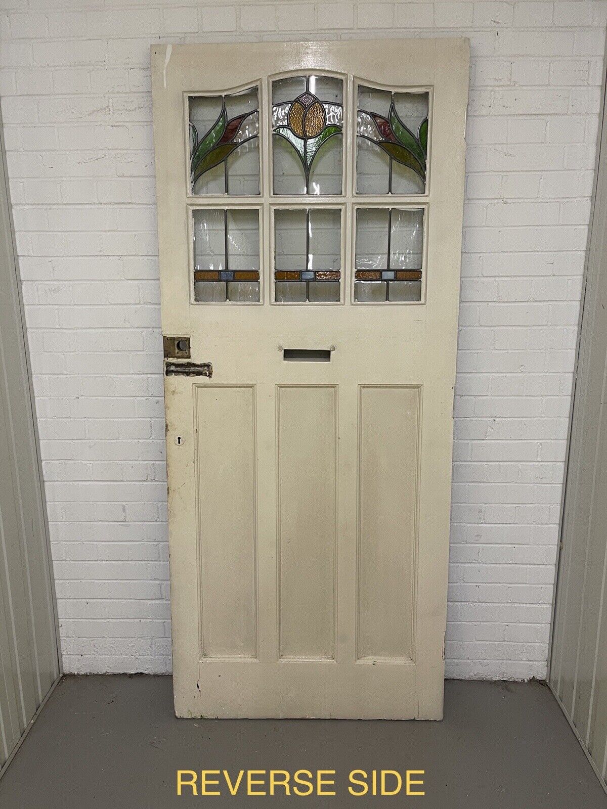 Reclaimed Old Edwardian Wooden Panel Front Door Stained Glass 2123mm x 910mm