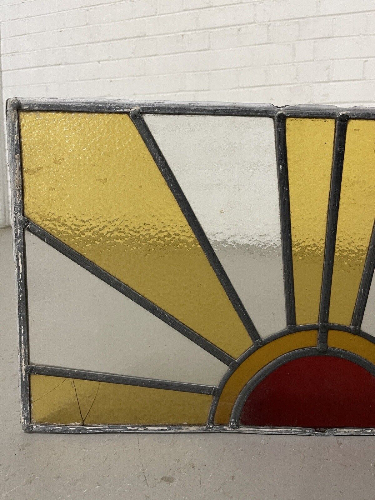 Reclaimed Sunburst Leaded Light Stained Glass Window Panel 630mm x 335mm