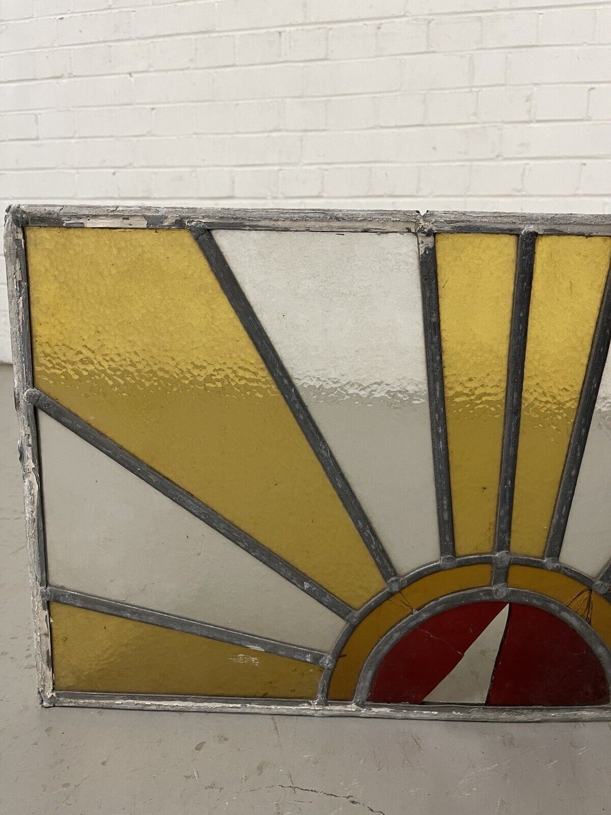Reclaimed Sunburst Leaded Light Stained Glass Window Panel 630mm x 335mm