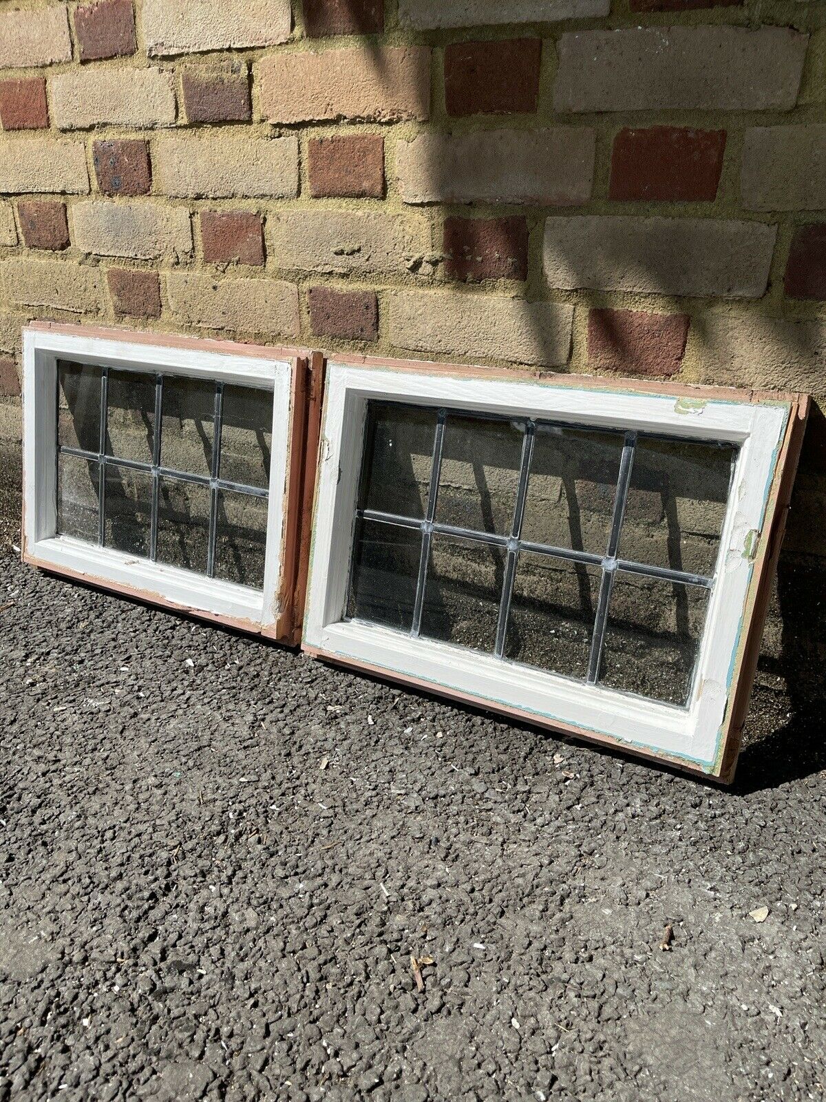 Pair Of Reclaimed Leaded Light Panel Wooden Windows