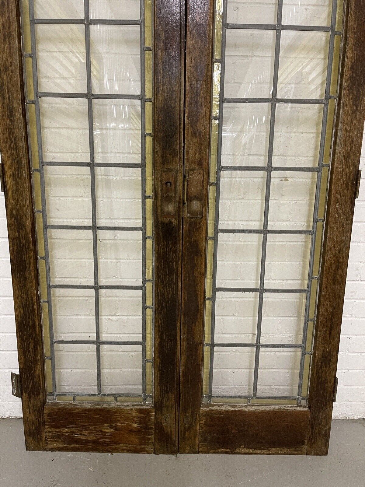 Reclaimed French Leaded Single Panel Glass Wooden Double Doors With Side Panels