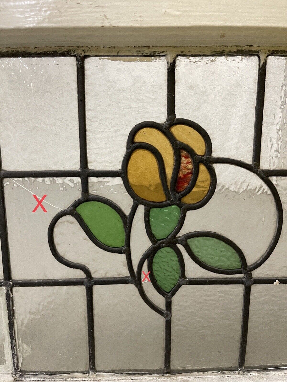 Reclaimed Floral Leaded Light Stained Glass Art Nouveau Window Panel 625 x 450mm