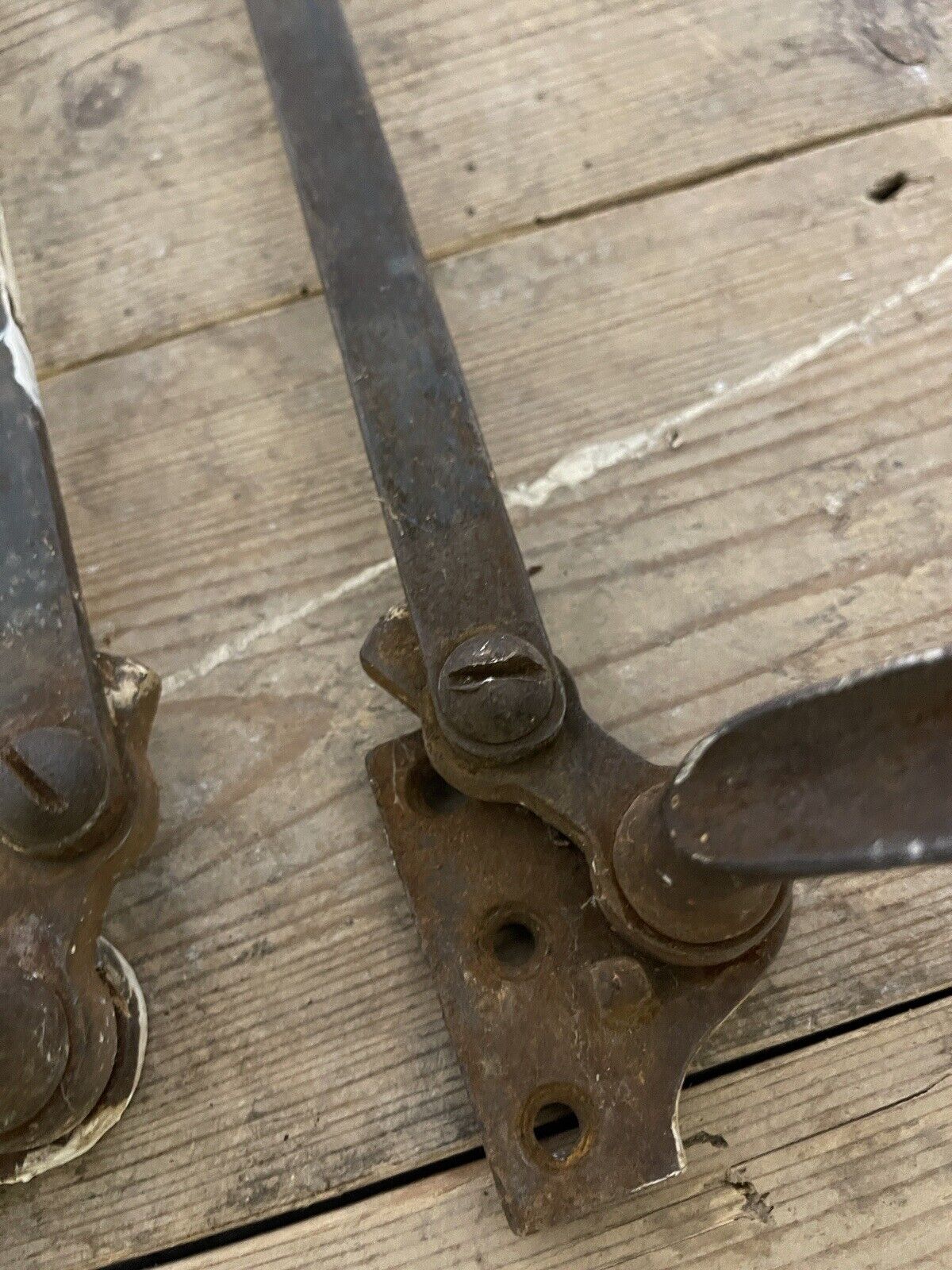 Large Pair Of Reclaimed Antique Old Cast Iron Window Handles and a Stay