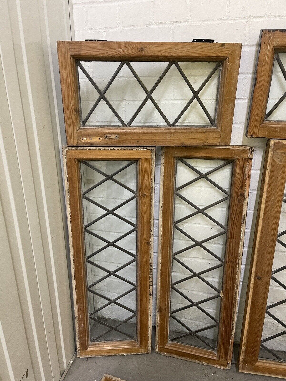 Job Lot Of 11 Reclaimed Leaded Light Diamond Panel Wooden Windows