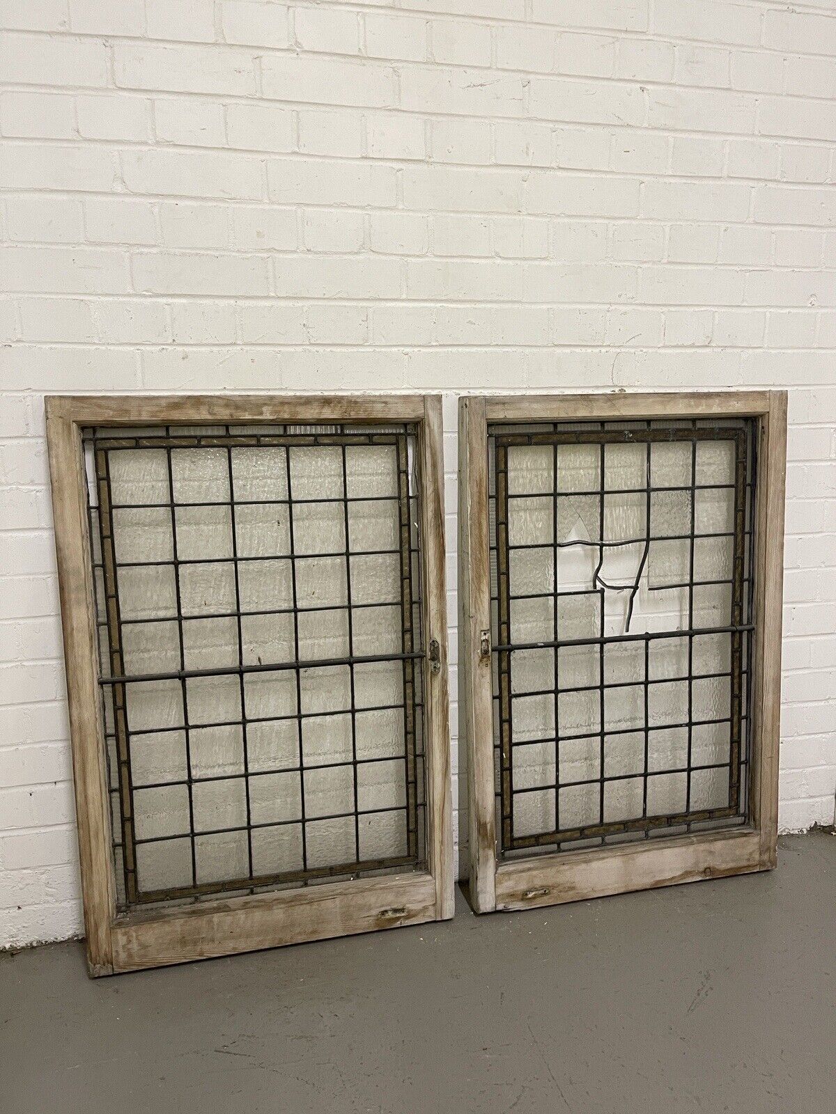 Pair Of Reclaimed Leaded Light Stained Glass Wooden Window Panels