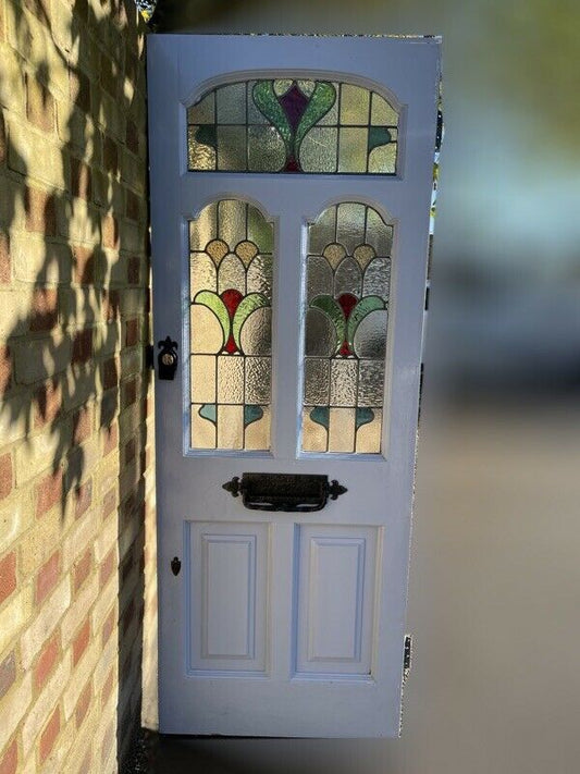 Reclaimed Old Edwardian Victorian Panel Front Wooden Timber Door Stained Glass