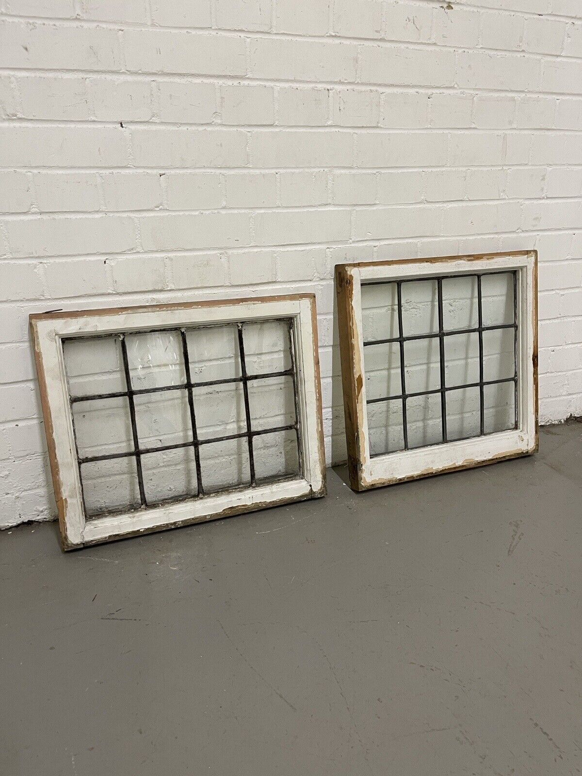 Pair Of Reclaimed Leaded Light Panel Wooden Windows 560 x 455 520 x 510mm