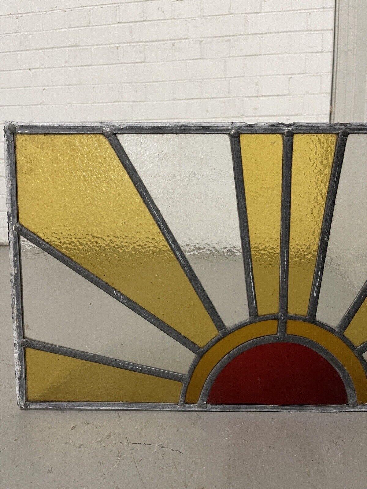 Reclaimed Sunburst Leaded Light Stained Glass Window Panel 630mm x 335mm