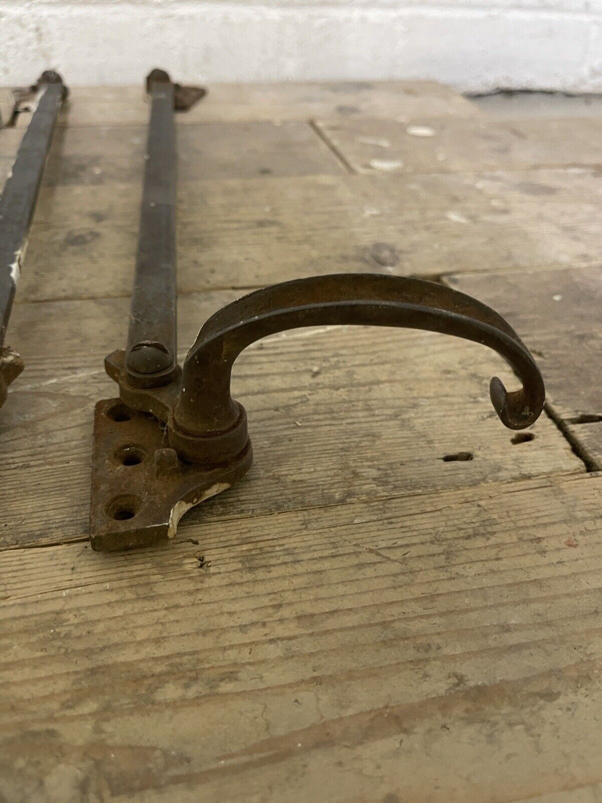 Large Pair Of Reclaimed Antique Old Cast Iron Window Handles and a Stay
