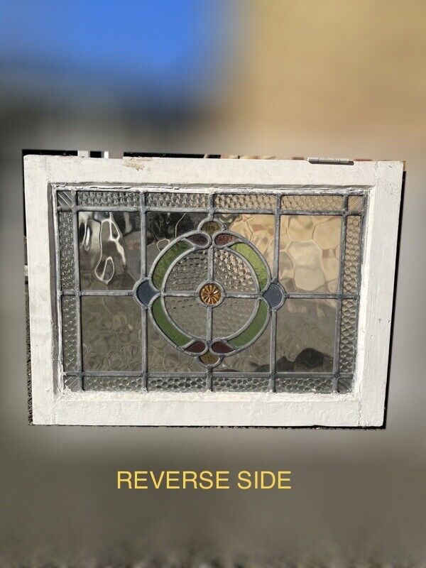 Pair Of Reclaimed Leaded Light Stained Glass Art Nouveau Wooden Window Panels