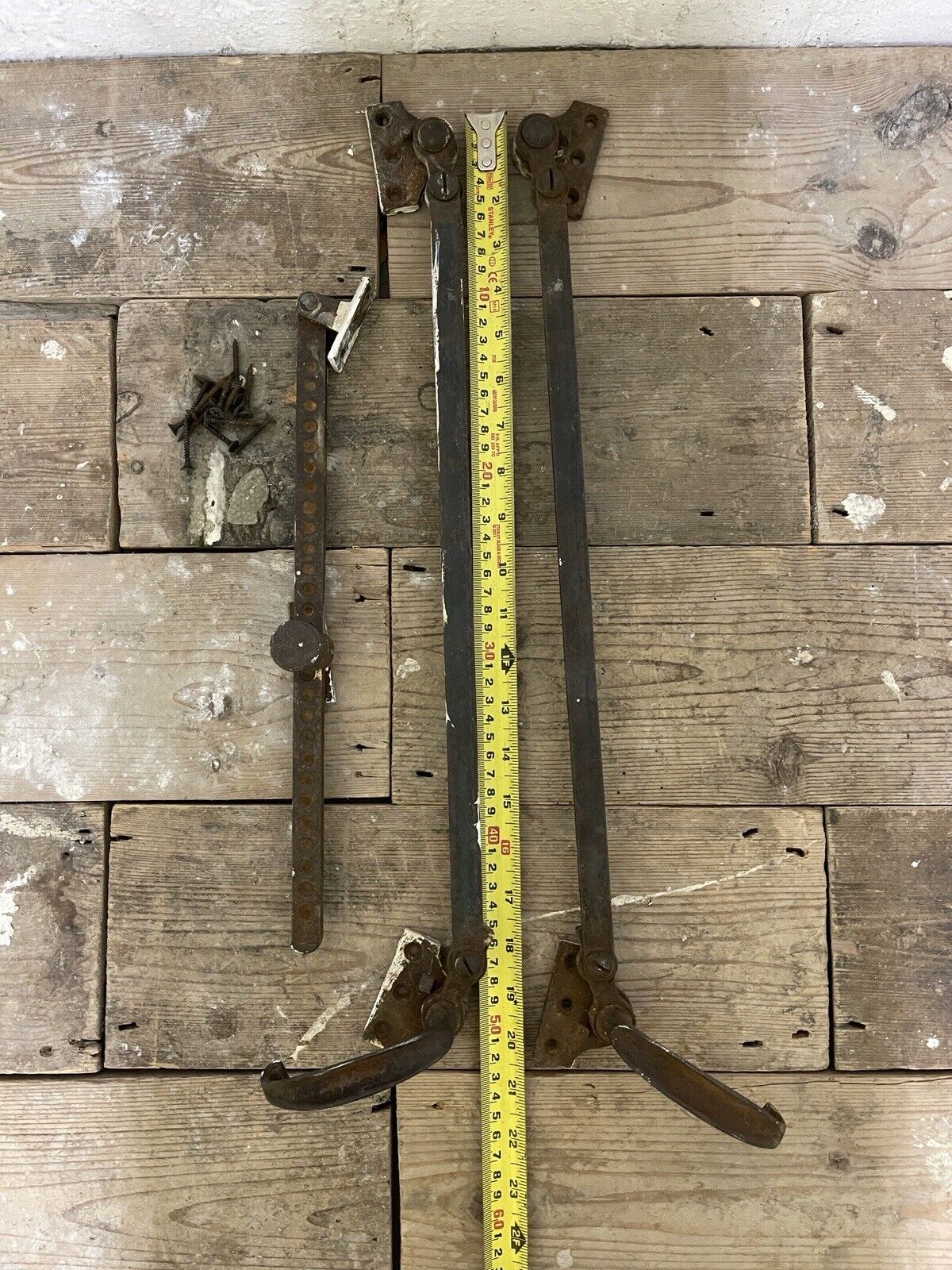 Large Pair Of Reclaimed Antique Old Cast Iron Window Handles and a Stay