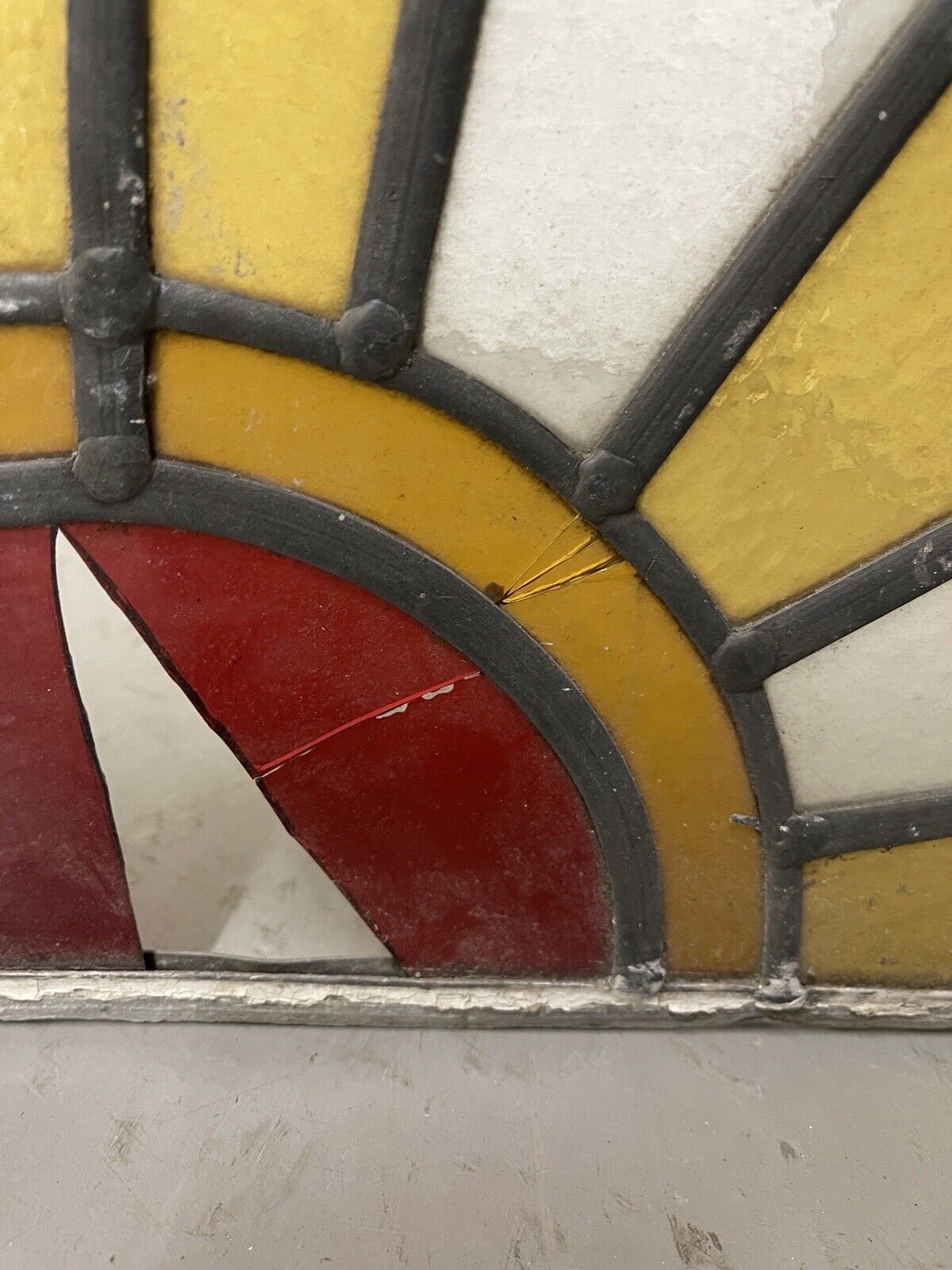 Reclaimed Sunburst Leaded Light Stained Glass Window Panel 630mm x 335mm