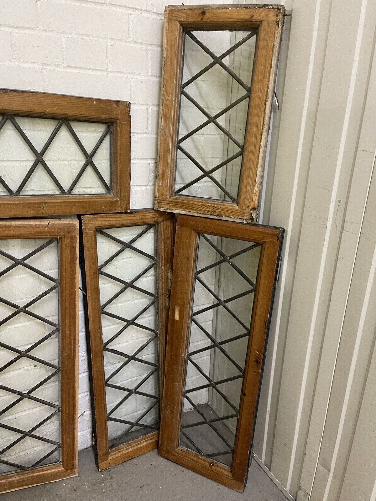 Job Lot Of 11 Reclaimed Leaded Light Diamond Panel Wooden Windows