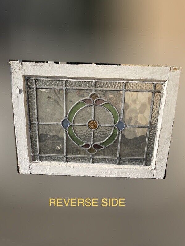 Pair Of Reclaimed Leaded Light Stained Glass Art Nouveau Wooden Window Panels