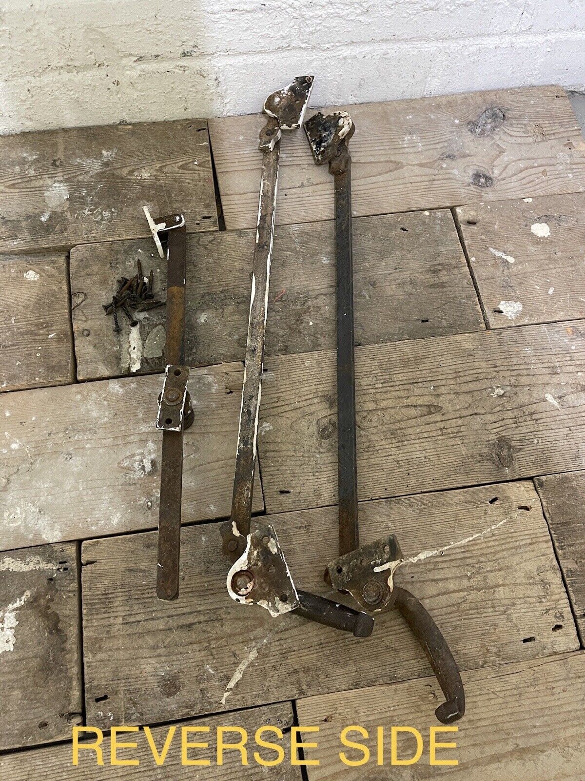 Large Pair Of Reclaimed Antique Old Cast Iron Window Handles and a Stay