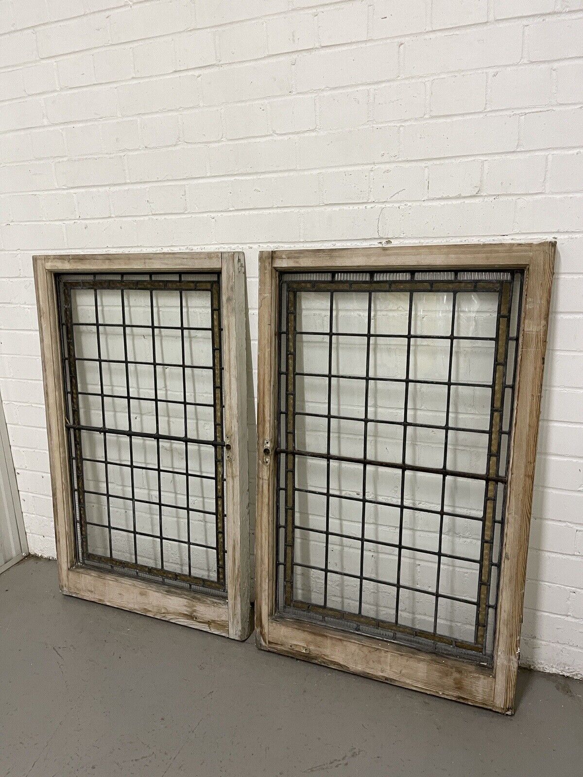 Pair Of Reclaimed Leaded Light Stained Glass Wooden Window Panels