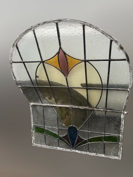 Reclaimed Leaded Light Arch Stained Glass Art Nouveau Wooden Window Panel