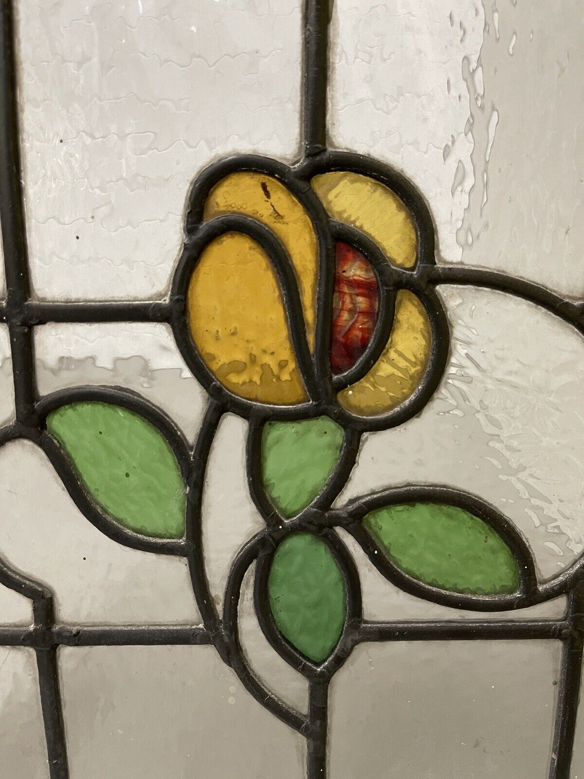 Reclaimed Floral Leaded Light Stained Glass Art Nouveau Window Panel 505 x 455mm