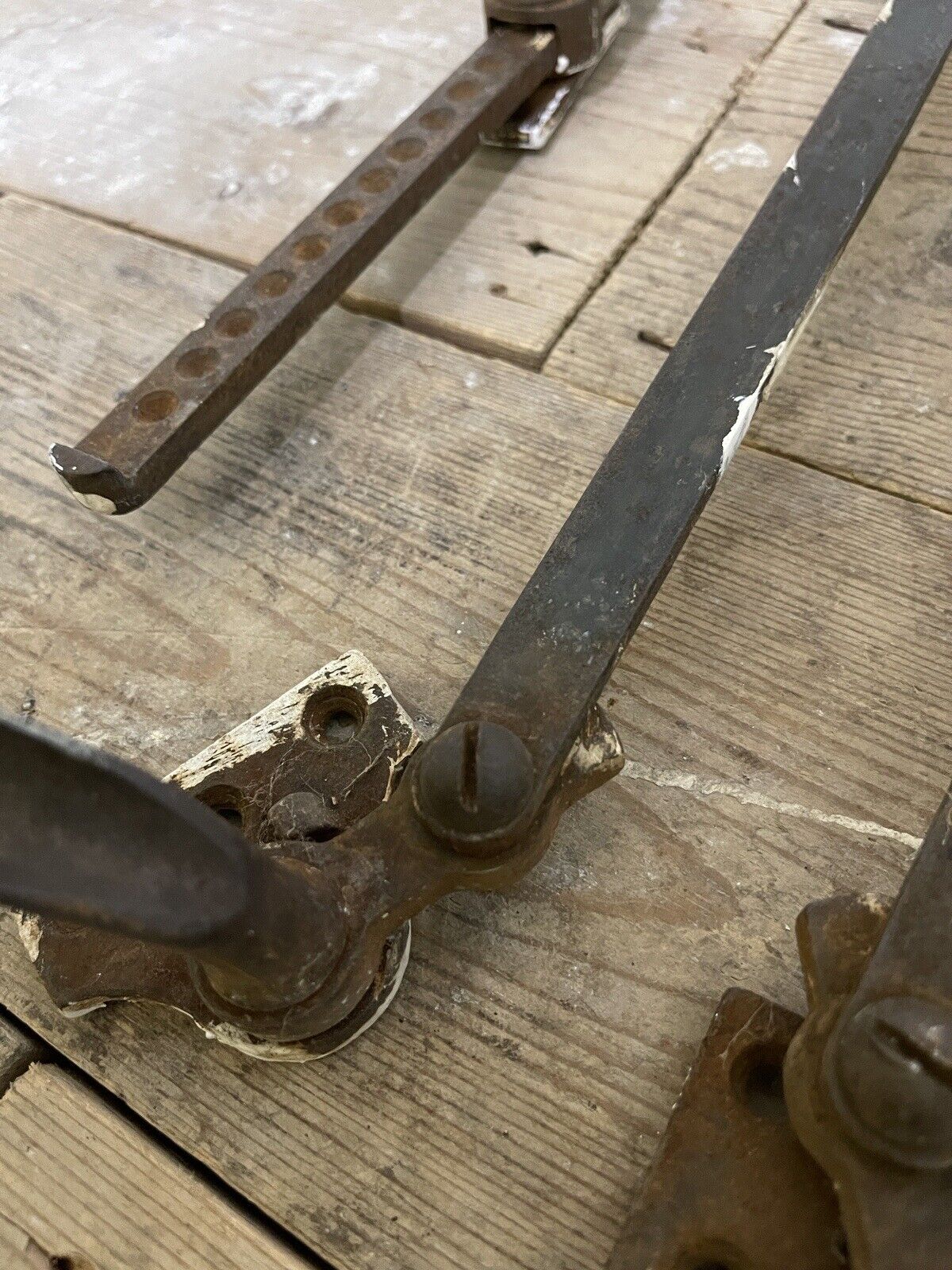 Large Pair Of Reclaimed Antique Old Cast Iron Window Handles and a Stay